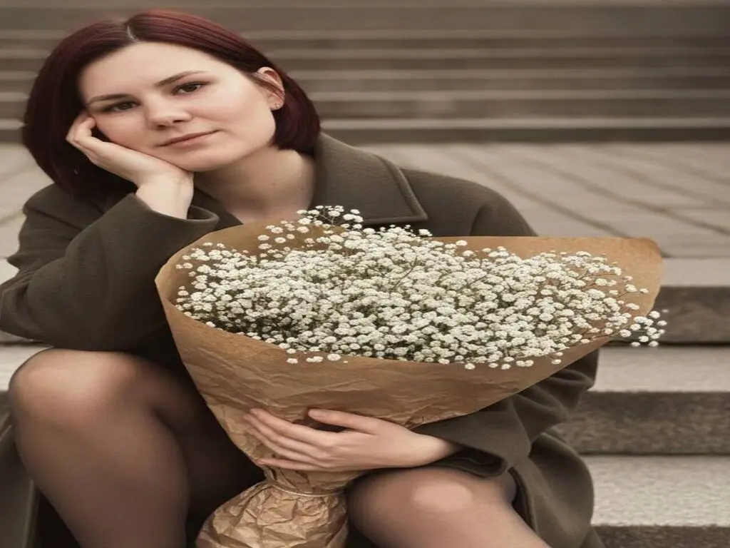 Young woman in an olive coat holding a large bouquet of baby's breath flowers on stone stairs.