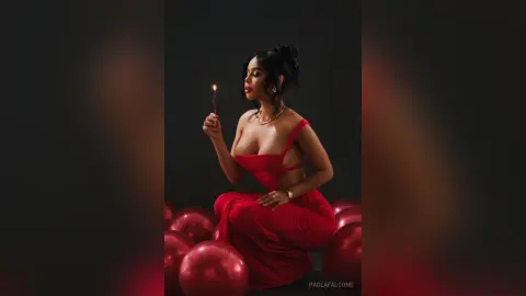 Elegant woman in a red evening gown holding a lit candle amidst red balloons in a moody studio setting.