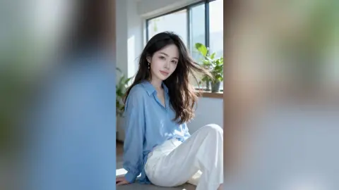 Young woman in a blue button-down shirt and white trousers sitting by a bright window in a serene indoor setting.
