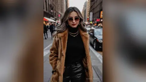 Stylish woman in a brown faux fur coat and black turtleneck posing on a city street with sunglasses.