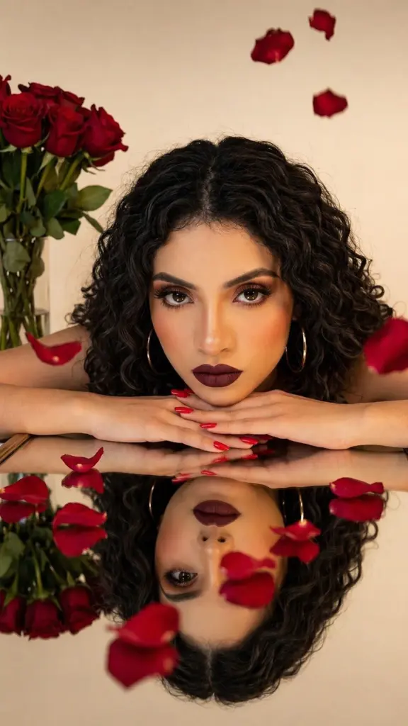 sarahbigboob with long dark hair and red lipstick, posing naked in a white bathtub filled with red rose petals.