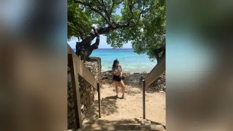 Young woman in a bikini standing on stone stairs under lush green trees by a tropical turquoise ocean.