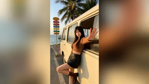 JanetJolie — JanetJolie leans against a white van in a brown crop top and black leather skirt by the beach.