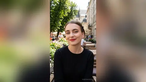 Smiling woman in a black long-sleeve top enjoying a sunny day at an outdoor European cafe terrace.