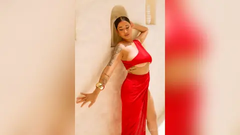 JuliahLewis poses against a white wall wearing a red halter-neck top and a matching long red skirt with a high slit.