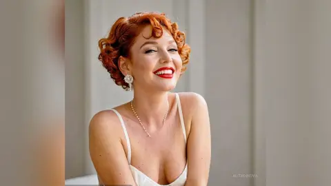 Smiling redhead woman in a white dress and silver earrings posing in a bright, elegant indoor setting.