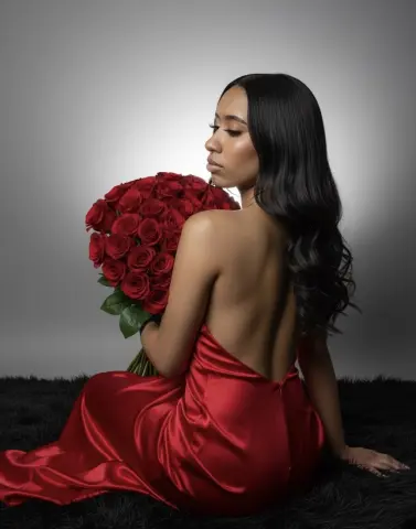 Elegant woman in a red satin backless dress holding a large bouquet of red roses against a grey studio background.