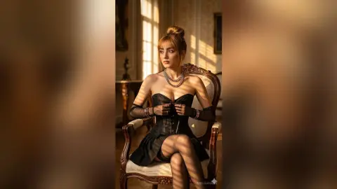 Elegant woman in a black corset dress and sheer gloves sitting in a sunlit vintage room.