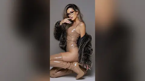 Glamorous woman in a beige bodysuit, fur coat, and thigh-high patent boots posing against a grey background.