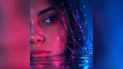 Close-up portrait of a wet-haired woman in neon pink and blue lighting emerging from dark water.