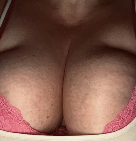 Close-up of a woman in a pink lace bra showcasing natural cleavage and skin texture.