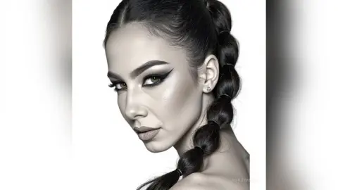 Close-up portrait of a woman with dramatic winged eyeliner and a long dark braid in a minimalist studio setting.