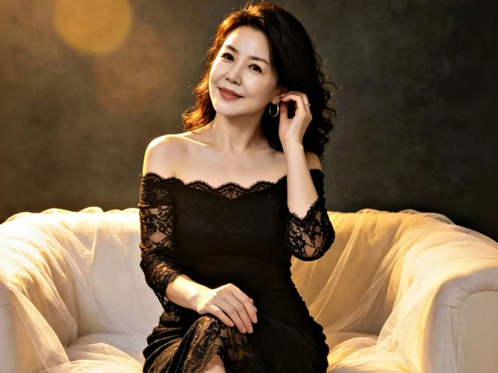 KimFu — KimFu smiles while sitting on a white couch wearing a black lace off-the-shoulder dress.