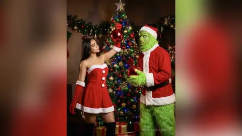 Woman in red velvet dress and Grinch in Santa outfit posing by a decorated Christmas tree in a festive mood.
