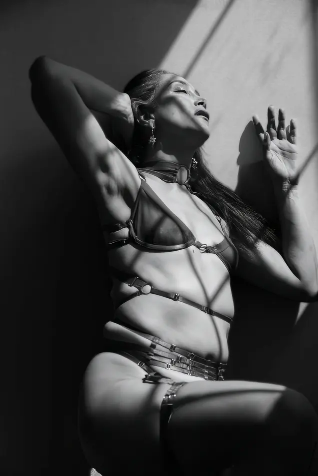 PrettyLady74 — Moody black and white portrait of a woman in minimalist lingerie posing in dramatic sunlight shadows.