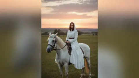 Ethereal woman in a flowing white dress riding a white horse through a dreamy meadow at sunset.