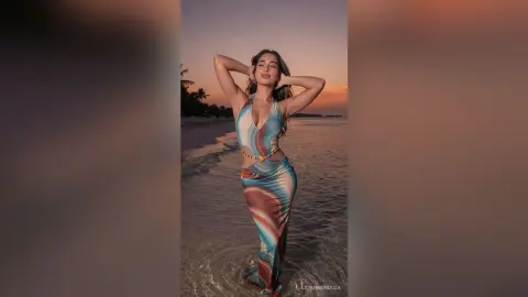 LilianMendoza poses on a beach at sunset wearing a long, striped halter-neck dress that shows off her cleavage and midriff.