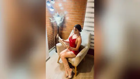 Young woman in a red dress reading a book in a cozy living room with brick walls.