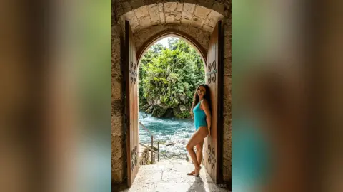 Woman in a blue swimsuit standing in a stone archway overlooking a lush tropical river landscape.