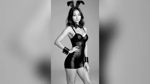 Elegant woman in a black bunny girl bodysuit and ears posing against a minimalist studio background.