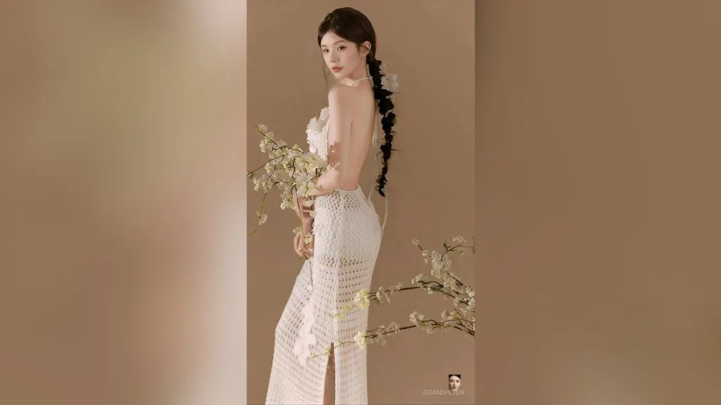 GuanshiSun — GuanshiSun poses in a white crochet dress while holding white flowers against a tan background.