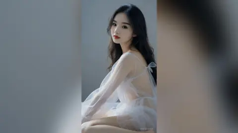 Elegant woman in a sheer white ethereal gown posing gracefully against a soft minimalist background.