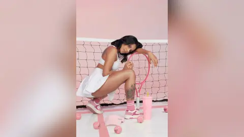 Woman in white tennis outfit posing with a pink racket on a pink court for a sporty aesthetic.