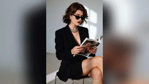Elegant woman in a black blazer and sunglasses reading a magazine in a minimalist indoor setting.