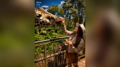 SofiaGreco stands on a wooden walkway, wearing a tan shirt and hat while feeding a giraffe.