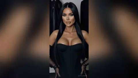 Glamorous woman in a sleek black corset top posing with long dark hair in a studio setting.