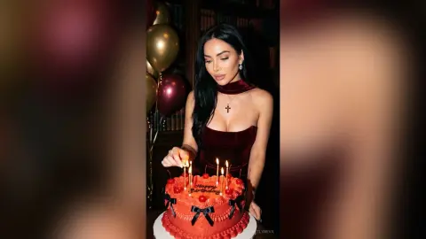 Elegant woman in a red velvet dress celebrating her birthday with a lit cake in a festive indoor setting.