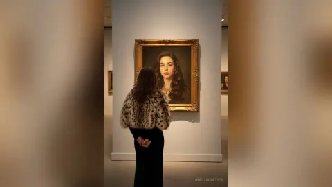 AmeliaCartier stands with her back to the camera, wearing a leopard print fur coat and a black skirt while looking at a large framed portrait in a gallery.