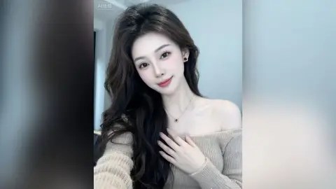 Smiling young woman with long wavy hair wearing an off-the-shoulder beige knit sweater in a bright indoor setting.