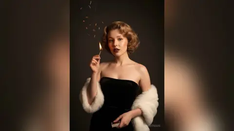 IngritEgos poses in a black strapless dress and white fur stole while holding a lit match against a dark background.