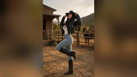 IngridSaint poses in a black cowboy hat, leather jacket, and tight blue jeans while standing in a ranch setting.