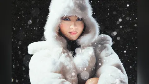 Glamorous woman in a white faux fur hooded coat posing against a dreamy snowy night background.