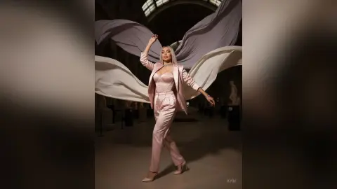 Glamorous woman in a pink satin suit posing elegantly amidst flowing white fabric in a grand museum setting.