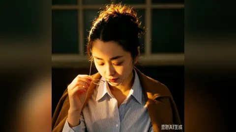 AuraraFeng — AuraraFeng looks down while holding her glasses, wearing a blue striped shirt and a brown coat in warm lighting.
