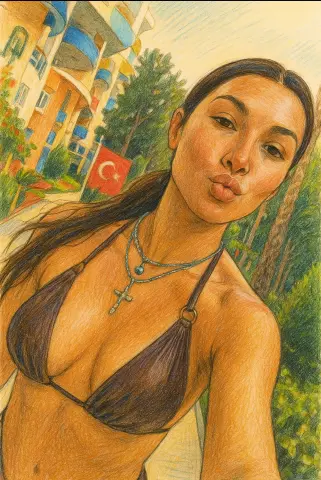 Young woman in a black bikini and cross necklace making a kissy face at a sunny summer resort.