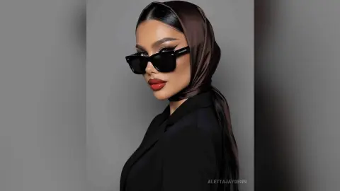 Stylish woman in a black blazer and silk headscarf wearing dark sunglasses against a grey studio background.
