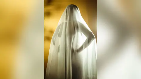 KeianHoz stands behind a sheer white veil that drapes over her head and body, obscuring her features and skin.