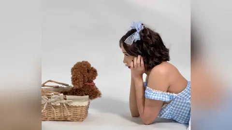 Young woman in a blue gingham sundress looking thoughtfully at a small brown poodle in a wicker basket.