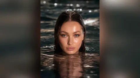 KatyMonro poses with wet hair while partially submerged in dark, shimmering water, looking directly at the camera.