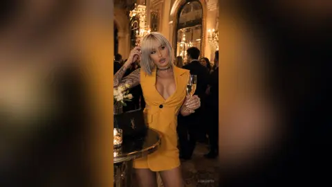 Glamorous blonde woman in a yellow mini dress holding champagne at an elegant evening party.