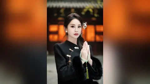 Elegant woman in traditional black Hanfu with jade jewelry posing gracefully in a historic courtyard setting.