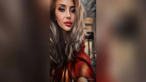 Glamorous woman with blonde wavy hair and red lipstick wearing a red outfit in a moody indoor setting.