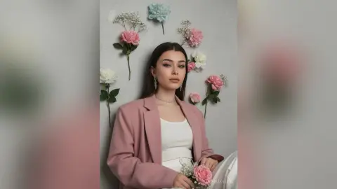 Elegant woman in a pink blazer and white top posing against a floral wall background in a soft, romantic mood.