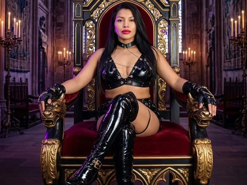 Woman in black latex outfit sitting on a gold throne in a gothic cathedral setting with a regal mood.
