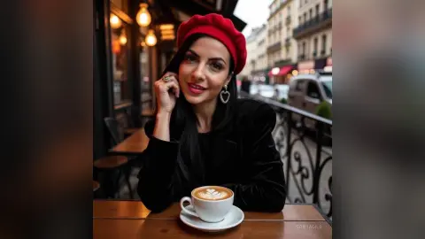 Stylish woman in a black velvet blazer and red beret enjoying coffee at a Parisian street cafe.