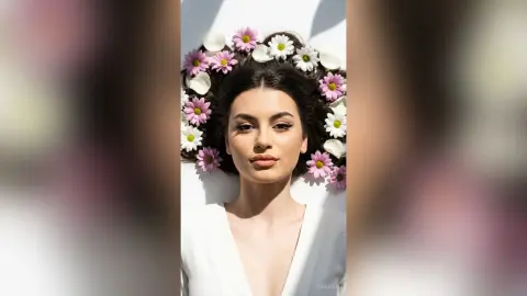 ZenyaSin lying down with pink and white flowers in her dark hair, wearing a white v-neck top.